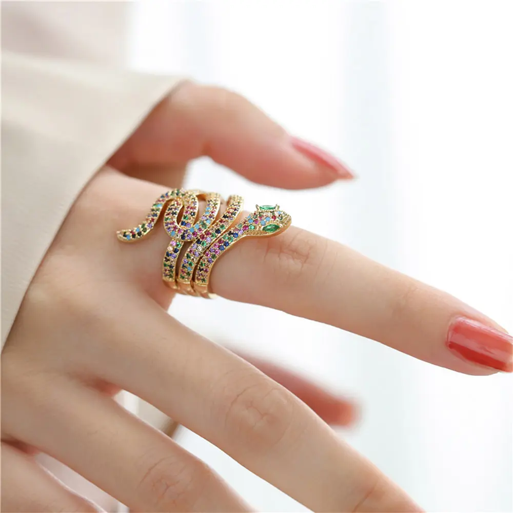 Роскошные микро-набор Циркон Регулируемый кольцо змея Bling, украшенные разноцветными кристаллами открытого змея кольцо для женщин вечеринки, в наличии размеры от 18k Позолоченные ювелирные изделия
