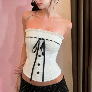 Lace <b>Patchwork</b> Contrast Color Strapless Tie Button Front Ruffle <b>Top</b> French Elegant Pure Desire Sexy Versatile Style - Product Image 4