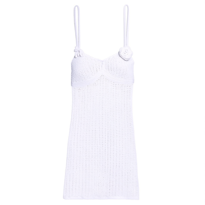 Robe blanche mi-longue en satin à fines bretelles, coupe trapèze, en maille ajourée, avec appliques florales, taille naturelle, pour soirée estivale sexy - Product Image 2