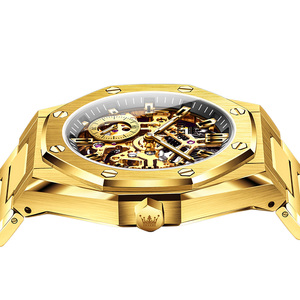 Montre-bracelet mécanique automatique de luxe pour hommes lunette vis or squelette conception étanche en acier inoxydable bande verre cadran fenêtre - Product Image 4
