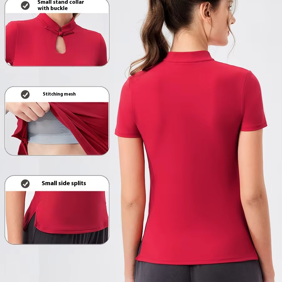 Women's Xia Xin Chinese-Style Fitness T-Shirt Lightweight Short-Sleeve Sports Top with Chest Pad National Style Buckle Plus Size
