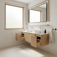 Mueble de Baño con Doble Lavabo para Montar en la Pared, con Gabinete de Madera Acanalada, Cajones de Almacenamiento Abiertos, Diseño Moderno para Proyectos Hoteleros
