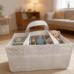 Cestino Portaoggetti per Pannolini in Tessuto Bubble Fleece, Design Innovativo a Prezzo di Fabbrica, Elegante Organizzatore per Essenziali Neonato e Stazione Pannolini - Product Image 1