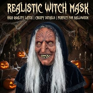 Masque intégral en latex réaliste de sorcière âgée aux cheveux blancs, avec nez en crochet, yeux jaunes, peau ridée, bouche <span class=keywords><strong>sans</strong></span> <span class=keywords><strong>dents</strong></span> - Accessoire amusant et original - Product Image 1