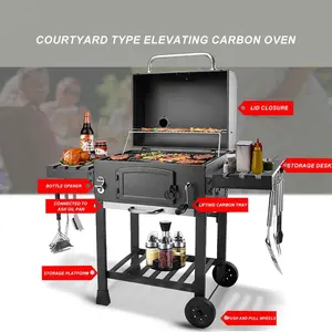 Outdoor BBQ Charcoal Grill Trolley Smoker Meat Smoker Barbecue Grill Rotisserie Grill With Side Table