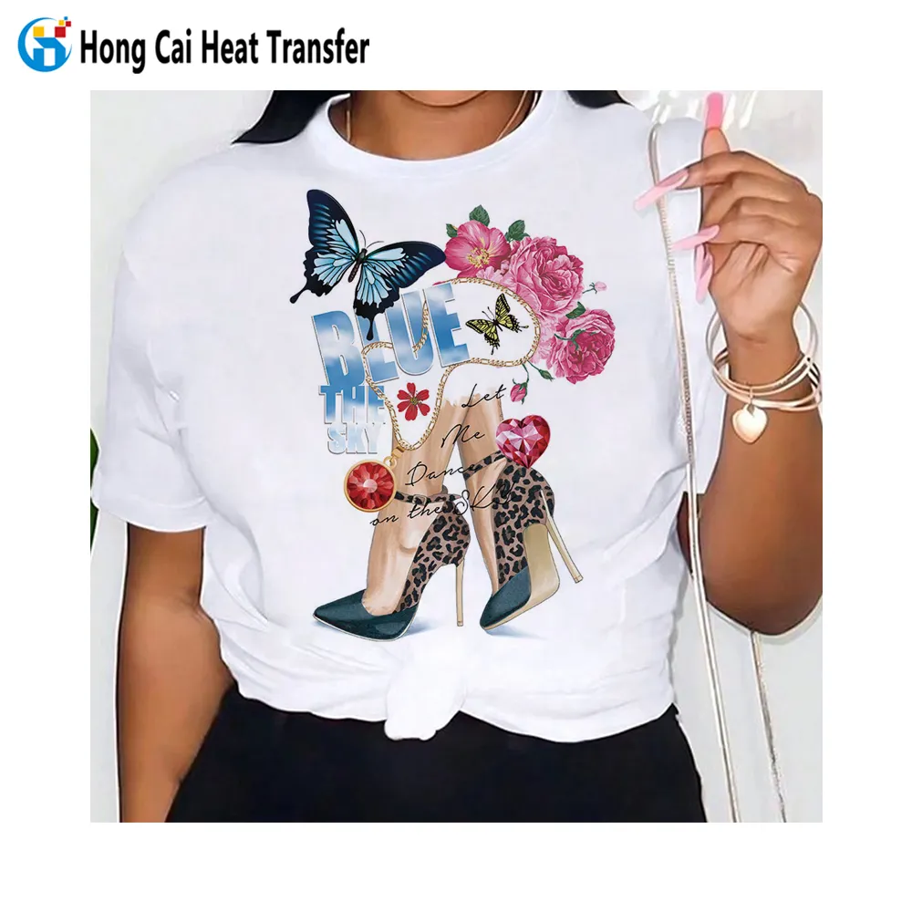 Hongcai Custom Mode Cool Kleding T-Shirt Custom Bladerdeeg Warmte Overdracht Logo Vrouwen Mannen Bedrukt T-Shirt