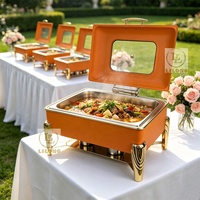 Plat de service de luxe 9L en acier inoxydable, chauffe-plat de buffet orange et or avec couvercle en verre visible pour banquets d'hôtel
