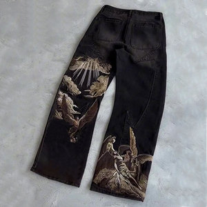 Jeans pour hommes vintage, denim ample et surdimensionné, lavage moyen, broderie florale, taille mi-haute, style droit, tricoté, hip-hop, taille mi-haute - Product Image 6