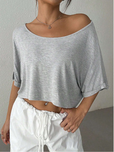 Camiseta Corta Holgada para Mujer, Cuello Redondo, Manga Corta, Color Sólido, Estilo Casual de Verano - Product Image 4
