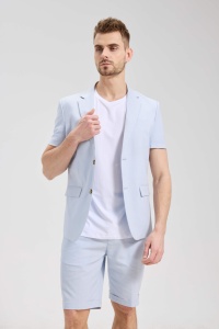 <span class=keywords><strong>Ensemble</strong></span> <span class=keywords><strong>Blazer</strong></span> et <span class=keywords><strong>Short</strong></span> d'été en Coton et Lin à Col Mandarin, Simple Boutonnage - Respirant, Antistatique, Grande Taille, Décontracté, pour Hommes d'Affaires - Product Image 3