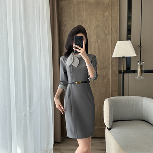 Women's Grey Midi Dress With <b>Belt</b> And Collar For Hotel <b>Work</b> Uniform Office Receptionist Flight Attendant Professional Attire - Product Image 2