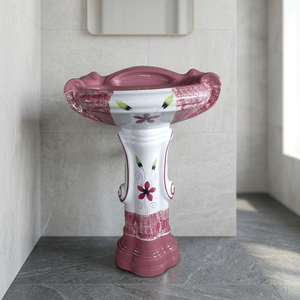 Lavabo ovale moderne en céramique rouge avec piédestal, ensemble mural pour salle de bain, lavabo sur pied complet - Product Image 4