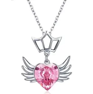 Hot Sale 925 Sterling Silver Pink Cz Heart Crown Angel Wings Necklace For Women