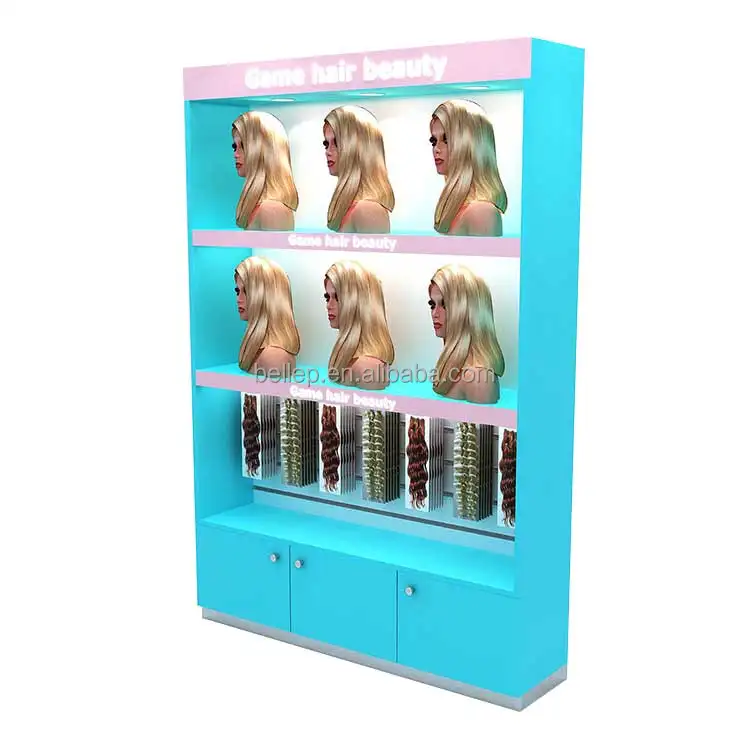 Custom Design Wig Shop Display Furniture Salon Hair Extensions Display Stand With Storage Cabinet And Led Light