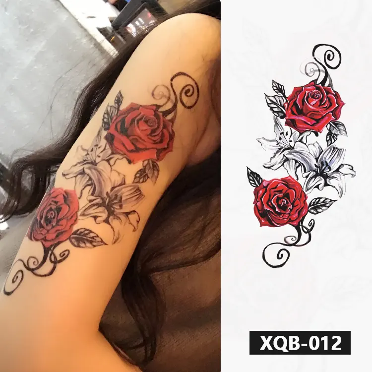 Tatuagem temporária feminina, flor sexy temporária arte corporal desenho, braço e perna, decalque de tatuagem, realista, rosa preta, à prova d'água