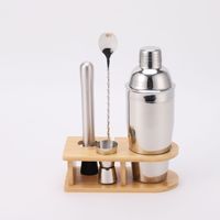 Vente en gros 5 pièces en acier inoxydable cuillère à mélanger Muddler Jigger Cocktail Shaker faisant ensemble avec support en bambou