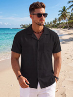Chemises à manches courtes en lin/coton à col cubain pour hommes, style sportif uni, coupe ample, pour le printemps et les vacances à la plage