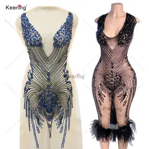WDP-066 Keering High End Crisscross Front Bodice Dress Navy Blue Black Rhinestone Applique For Sewing Garment