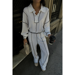 Conjunto de blusa y pantalones con ribetes para mujer, chenilla blanca, manga larga, informal, para todas las estaciones - Product Image 4