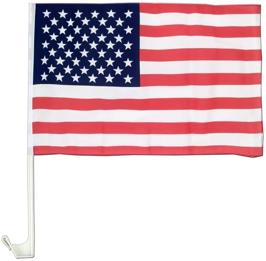 Imports USA American Flag 12 x 18 inch Car Window Flag Support Digital printing and silk screen print Window Clip with Pole
