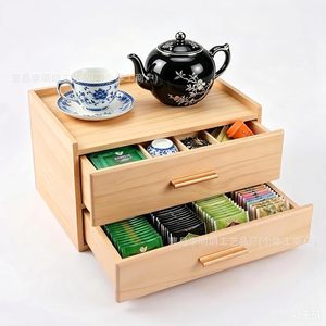 Wooden <b>Tea</b> Bag Storage <b>Box</b> Double Drawer Cabinet Desktop Organizer Rectangle Shape Solid Color Tabletop Mount - Product Image 1