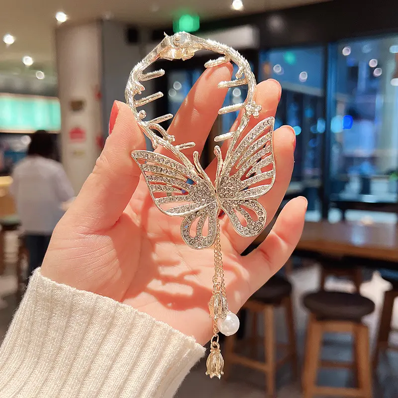 Qianjin Crystal Diamant Vlinder Haarklauw Clips Vintage Luxe Vlinder Kwast Paardenstaart Gesp Clip Strass Metalen Haarspeld