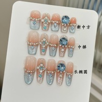 Marque privée 10 pièces Faux ongles à presser en acrylique faits main, motif fleur 3D, style chinois, effet œil de chat et paillettes
