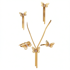 Parure de bijoux en acier inoxydable de luxe léger, avec anneau papillon en zircon double couche ajouré, bracelet, collier à chaîne lame et pampilles, boucles d'oreilles - Product Image 1