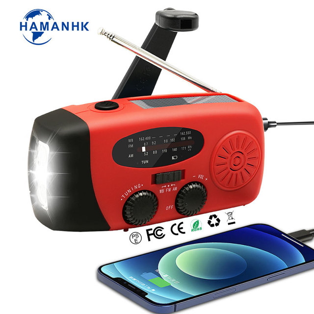 Portable Outdoor Mini Emergency Radio with Flashlight & Power Bank AM/FM/SW Solar/Type-C/Hand Crank Charging Durable Plastic