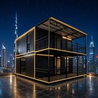 Casa Contenedor de Dos Pisos, Casa Modular, Metal Corrugado Negro, Iluminación LED, Balcón, Paisaje Nocturno Urbano, Venta al Por Mayor, OEM