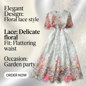 Robes trapèze décontractées pour femmes, design chic, <span class=keywords><strong>de</strong></span> qualité supérieure, en dentelle florale ajourée imprimée, couleur unie, écologiques, respirantes, col et manches courtes - Product Image 1