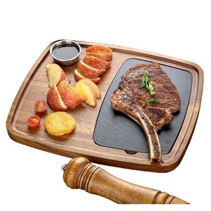 Plato para carne de madera de acacia, rectangular, color marrón oscuro, losa de piedra de color sólido, estilo occidental, para cenas, hoteles y fiestas. - Product Image 3