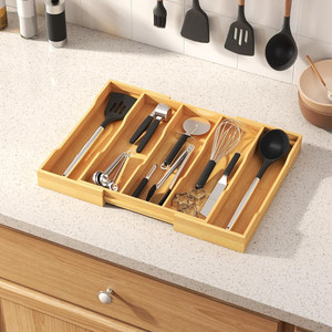 Porte-couverts à 5 compartiments en bambou extensible pour tiroir de cuisine - Product Image 2