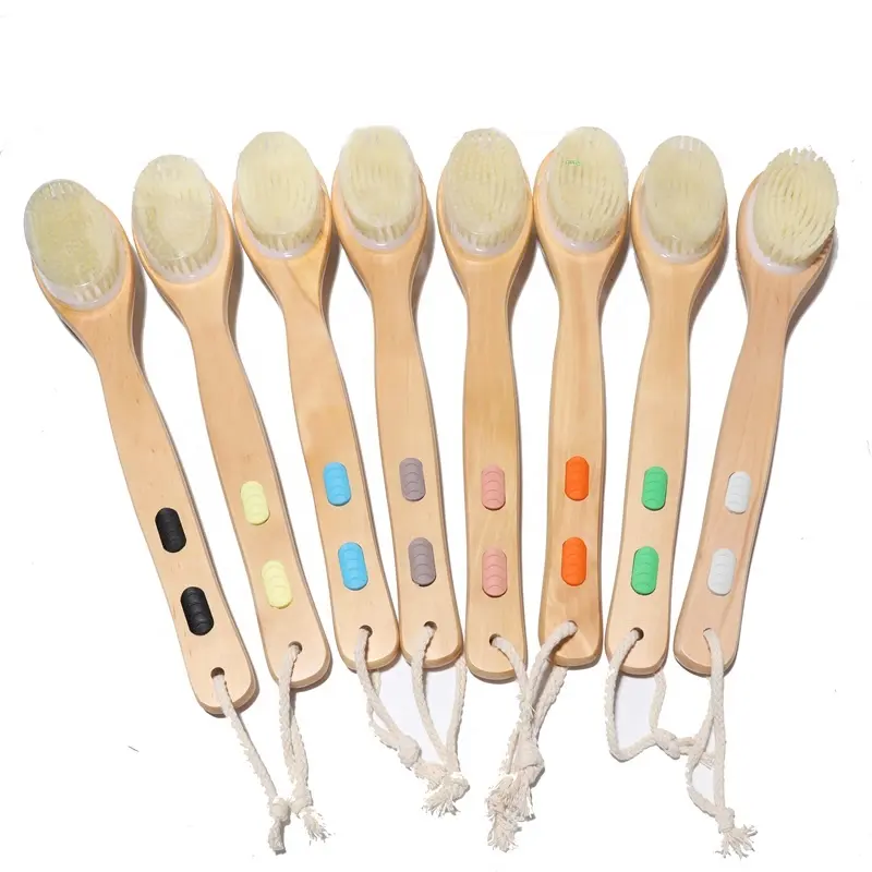 Long handle soft and hard bristles double side wet or dry shower brush antiskid wooden bathroom brush