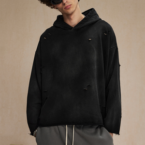 ผ้าดิบเทอร์รี่เฮฟวี่เวทผ้าฝ้ายลายขาดเป็นกรดสไตล์วินเทจซีดจางปรับแต่งโลโก้ได้ตามต้องการสำหรับฤดูหนาว - Product Image 3