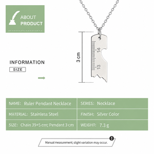 Collier pendentif règle en acier inoxydable couleur argent, avec échelle gravée, motif géométrique, chaîne réglable, bijou - Product Image 3