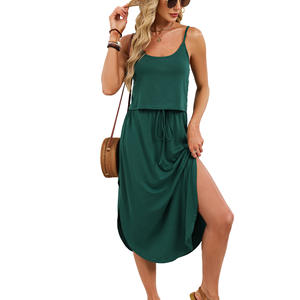 Vestido Camisero Diario Transpirable con Tirantes Finos, Cuello en U, Color Puro, Cintura Elástica y Abertura con Cordón, Primavera-Verano 2026 - Product Image 2