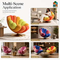 Fauteuils de salon modernes en forme de fleur pivotants avec 14 coussins en forme de pétales et base dorée en velours multicolore