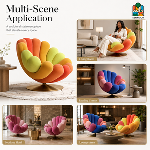 Sillones Modernos Giratorios con Forma de Flor, 14 Cojines de Pétalos y Base Dorada, Terciopelo Multicolor para Sala de Estar - Product Image 2