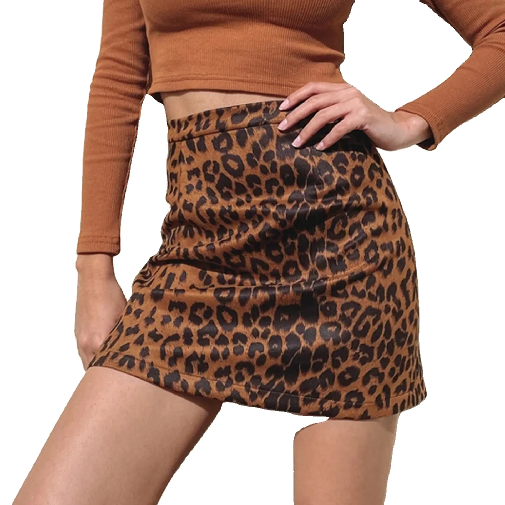 Minifalda de cintura alta con cremallera para mujer, Falda corta de terciopelo y ante con estampado de leopardo de Color liso dividido para primavera y otoño, 2022