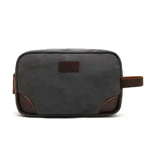 Multifunctionele Katoenen Canvas Travel Toilettas Dopp Kit Organizer Scheren Bag Met Lederen Bekleding Voor Mannen