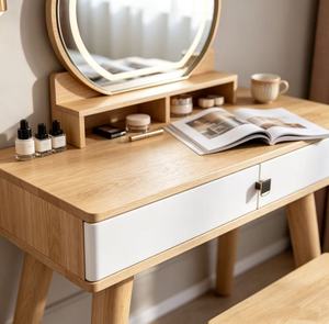 Scandinavian Solid Birch Makeup <b>Vanity</b> With <b>Lighted</b> Mirror And Stool For Bedroom - Product Image 4