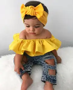 Nieuwe Mode Peuter Kinderen Baby Girl Outfit Tops T-shirt Off Shoulder + Gat Denim Broek Jeans + Hoofdband Kleding Set 3Pcs