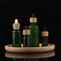 Wadah kosmetik bambu, wadah tetes minyak esensial kaca buram hijau bambu kemasan minyak esensial 15ml 30ml 50ml 100ml