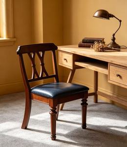 Vintage Mahogany Wood Living Room <b>Chair</b> Traditional Cross-<b>Back</b> Design with Black Leather Seat Modern Design Multi-Purpose - Product Image 2