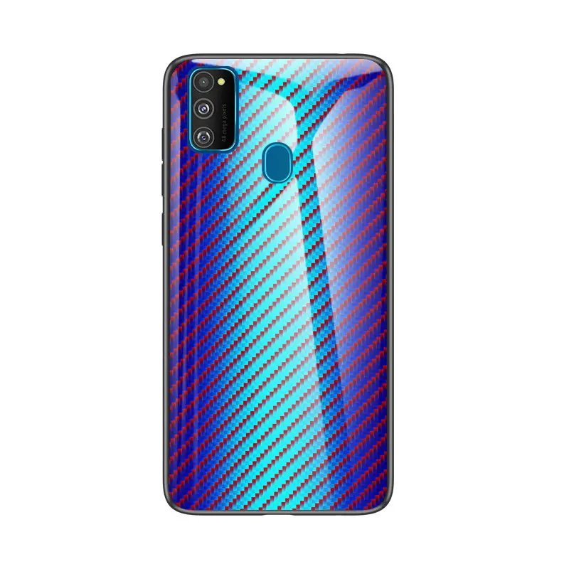 Carbon Fibre Pattern Gradient Color Charging Shockproof Tempered Glass Back Cover Case for Samsung Galaxy M30s