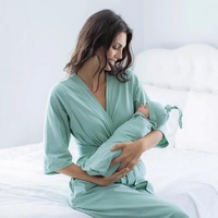 Amazon Maternité Ensemble quatre pièces Peignoir en coton de couleur unie Pyjama tricoté à emmailloter pour l'accouchement post-partum pour le séjour à l'hôpital