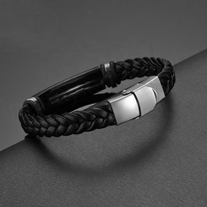 Classic <b>Mens</b> <b>Leather</b> <b>Bracelet</b> Wholesale Stainless Steel Engraved Blank Charm Double Wrap Braided <b>Leather</b> <b>Bracelet</b> for <b>Men</b> - Product Image 3