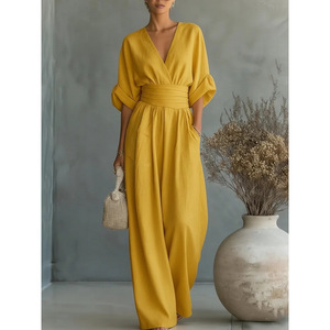 En stock – Nouvelle collection Printemps-Été 2026 – Combinaison élégante à col en V et ceinture à nouer pour femme – Tenue une pièce stylée de style européen et américain - Product Image 3