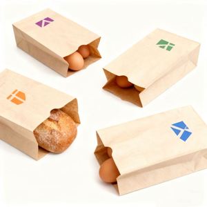 Sac en papier kraft brun recyclé personnalisé avec logo, format sur mesure, pour le transport de pain, l'emballage de produits, la vente au détail, les courses, les aliments, et les sacs à emporter blancs. - Product Image 4